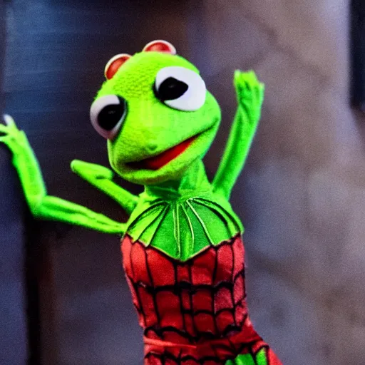Image similar to photo of Kermit the frog as spider man in averngers movie