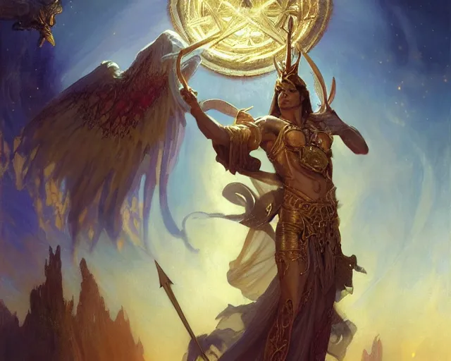 Image similar to attractive pagan male deity, casting chaos magic, summoning handsome lucifer morning star. highly detailed painting by gaston bussiere, craig mullins, j. c. leyendecker 8 k