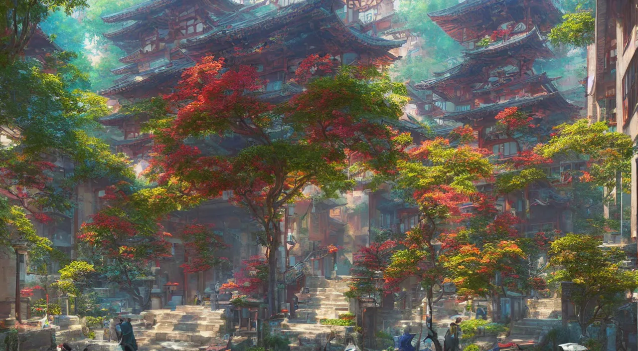 Prompt: A vibrantly colored fantasy painting of a small courtyard at a Japanese wizardc college, by greg rutkowski, trending on artstation, highly detailed matte painting,