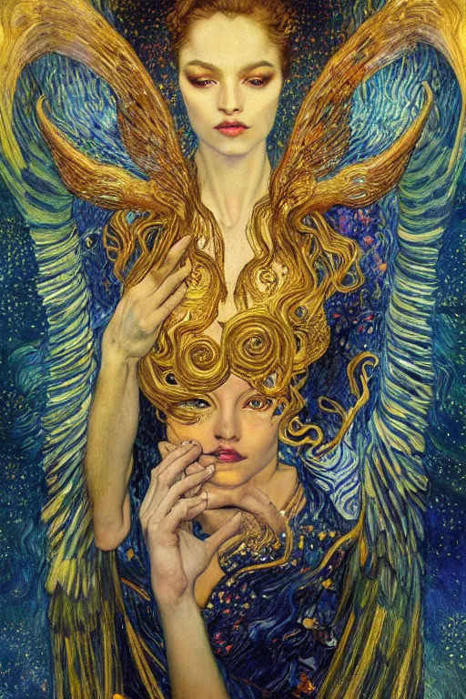 Image similar to Visions of Paradise by Karol Bak, Jean Deville, Gustav Klimt, and Vincent Van Gogh, visionary, otherworldly, celestial fractal structures, infinite angel wings, ornate gilded medieval icon, third eye, spirals, heavenly spiraling clouds with godrays, airy colors