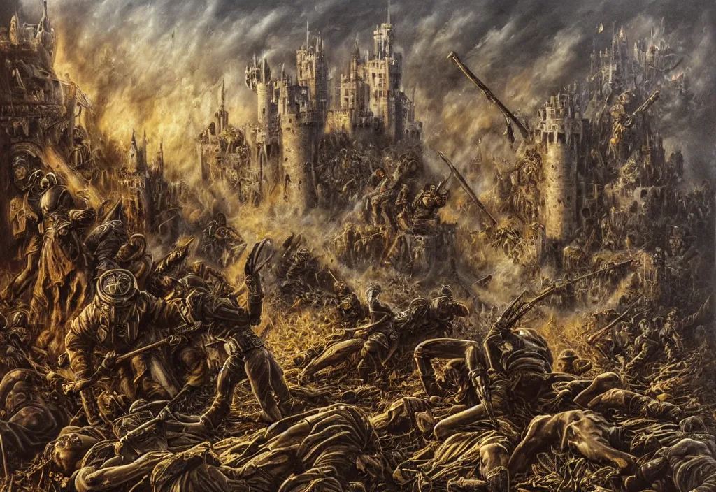 Prompt: as the towers got taken and the castle is fled, a fallen solder rises to ambush those who claimed the rushed victory. the blood enriched by iron, penetrated and scorched, one must withhold he celebrated his doom, highly conceptual figurative art, intricate detailed oil illustration, controversial postmodern poster art