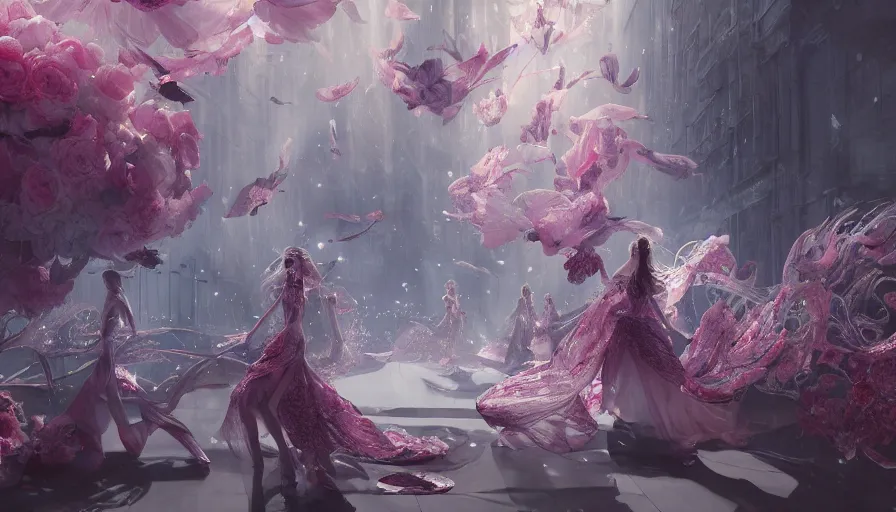 Image similar to victoria secret runway show, light, shadows, reflections, flowers, epic composition, intricate, elegant, volumetric lighting, digital painting, highly detailed, artstation, sharp focus, illustration, concept art, ruan jia, steve mccurry, greg rutkowski, mina petrovic, timothy kong, marina federovna, concept art, iconic