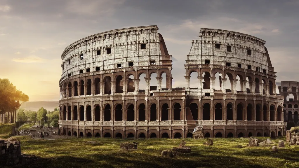 Prompt: fully built roman colosseum on the horizon with roman buildings and roads surrounding it, volumetric lighting, beautiful scenery, hd, hdr, cinematic 4 k wallpaper, 8 k, detailed, high resolution, artstation, early medieval, roman, colosseum