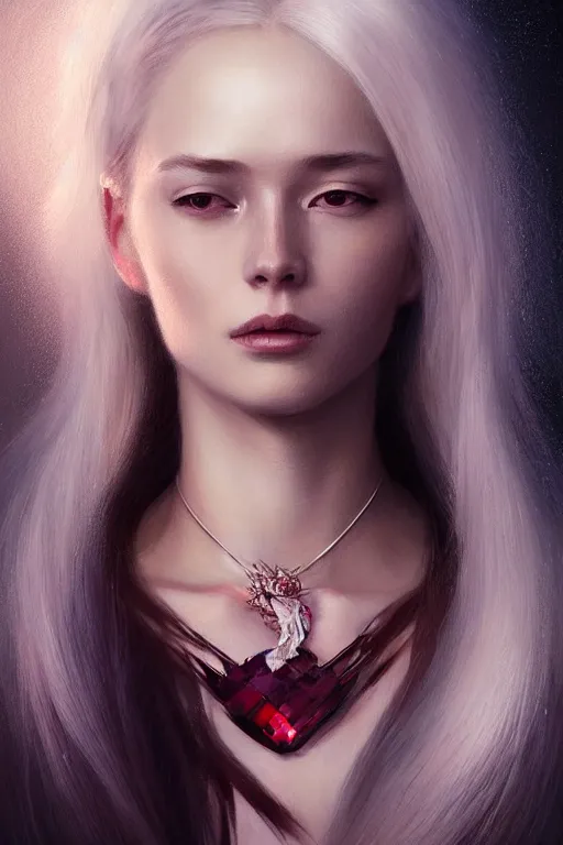 Prompt: dramatic lighting by wlop, stunning portrait female holding crystal white hair, blush, rose necklace, flowing hair, slim face, elegant, terry moore, barclay shaw, karol bak, greg rutkowski