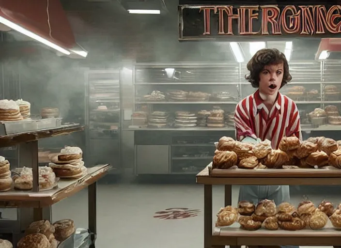 Prompt: film still of the demogorgon working in a bakery in the new stranger things movie, 4 k, highly detailed face, detailed eyes