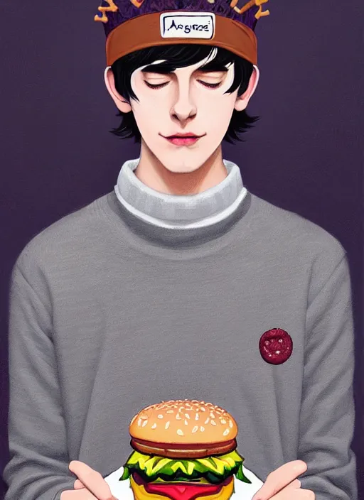 Image similar to portrait of teenage jughead jones wearing a light grey crown, symmetrical crown, sweater with letter s on it, hamburger, eyes closed, crown, black hair, intricate, elegant, glowing lights, highly detailed, digital painting, artstation, concept art, smooth, sharp focus, illustration, art by wlop, mars ravelo and greg rutkowski