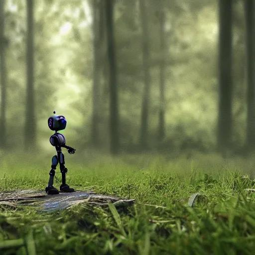 Image similar to a robot lost in the woods, photorealistic