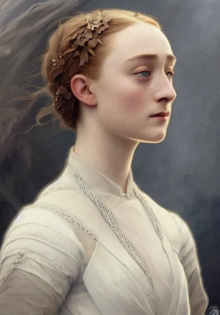 Image similar to sansa saoirse ronan, intricate, elegant, highly detailed, digital painting, artstation, concept art, smooth, sharp focus, illustration, art by artgerm and greg rutkowski and alphonse mucha and william - adolphe bouguereau