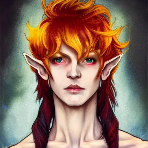 Prompt: dnd character portrait of a beautiful and androgynous half - elf with messy short red hair and catlike features and dark skin tone and yellow eyes with slit pupils, golden hour, wearing a colorful men's suit, realistic painting by tasha beckwith and ross tran and gerald brom and alphonse mucha, trending on artstation