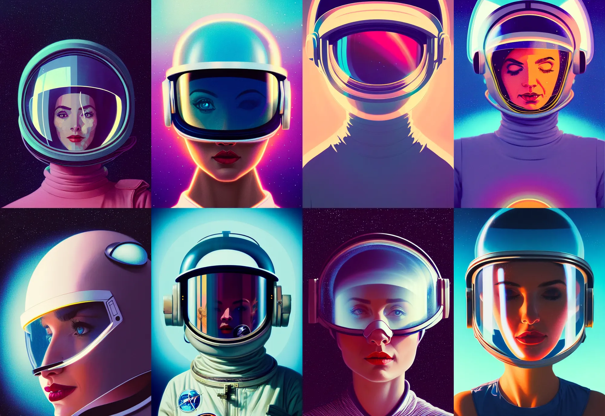 Prompt: retrofuturistic portrait of a woman in astronaut helmet, smooth transparent visor, reflective gradient, highly intricate space graphics in background, close up, quint buchholz, wlop, dan mumford, artgerm, liam brazier, peter mohrbacher, raw, featured on artstation, octane render, cinematic, elegant, intricate, 8 k