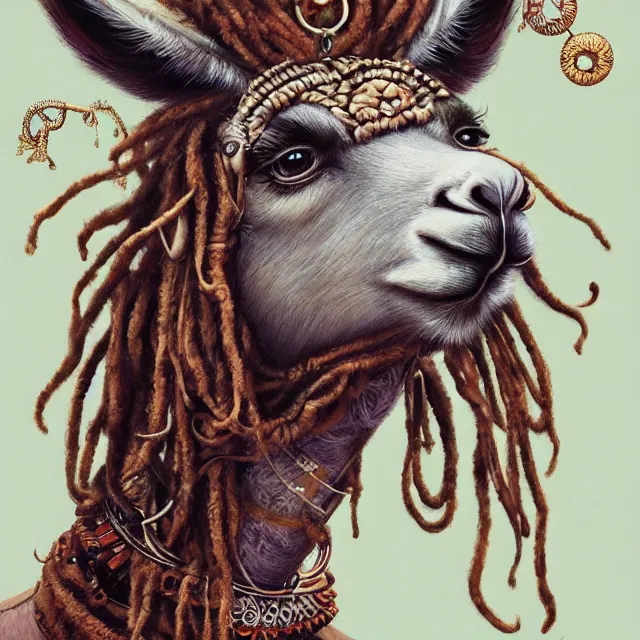 Prompt: llama with dreadlocks, art deco design, by Mandy Jurgens, Ernst Haeckel, James Jean, artstation