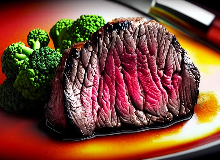 Prompt: a filet mignon steak, finest vegetables, michelin 5 star restaurant, glass of red wine, highly symmetrical, massive scale, highly detailed, hd, unreal engine