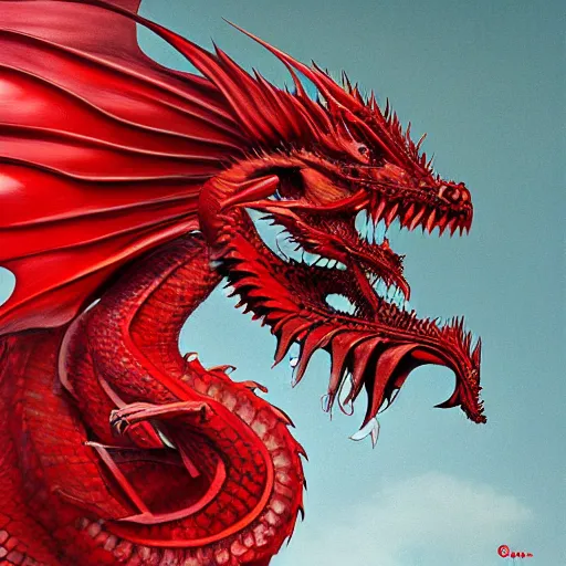 Image similar to grimez painting a realistic red dragon, china, vogue, digital art, hyperrealistic