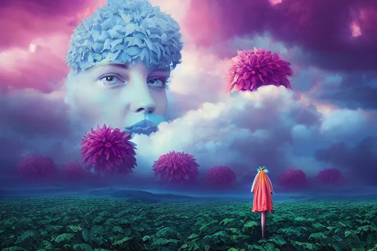 Image similar to giant dahlia flower crown under head, portrait girl on mountain, surreal photography, blue storm clouds, dramatic light, impressionist painting, digital painting, artstation, simon stalenhag