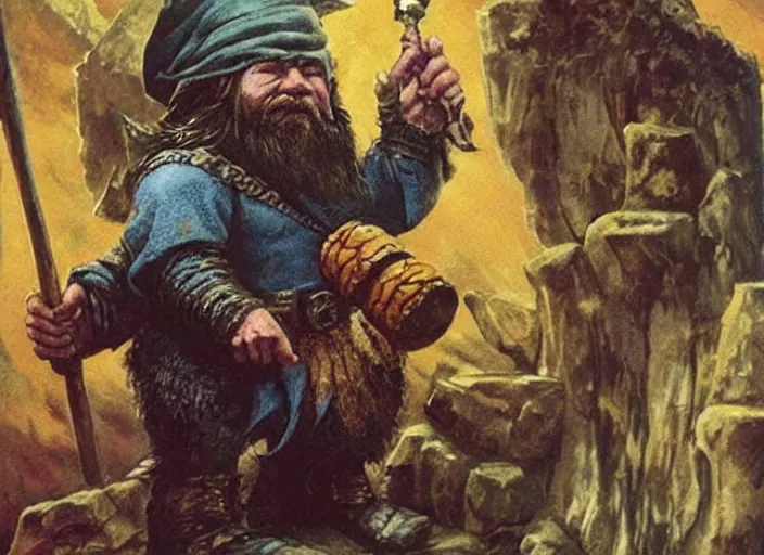 Prompt: a dwarf sorcerer holding a pickaxe and a large jewel. his eyes are glowing. high fantasy art ( 1 9 8 7 )