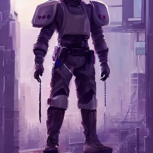 Image similar to character design policeman, concept art character, very high angle view, one arm of the robot body, book cover, very attractive man with beard, walking in cyberpunk valley highly detailed full body, strong masculine features, sturdy body, command presence, policeman!!, royalty, smooth, sharp focus, organic, appealing, deep shadows