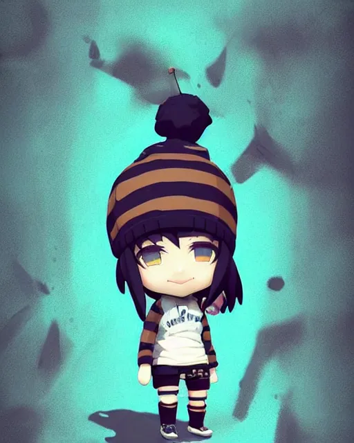 Image similar to nendoroid of a sewer punk lady student, beanie, tartan hoodie, blue eyes, frosty white hair by atey ghailan, by greg rutkowski, by greg tocchini, by james gilleard, by joe fenton, by kaethe butcher, gradient, light blue, black, brown and cyan color scheme, grunge aesthetic!!! white graffiti tag wall background