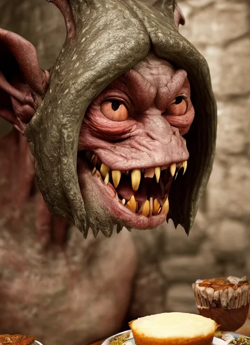 Image similar to closeup profile face portrait of a medieval goblin eating cakes in the cloisters, depth of field, zeiss lens, detailed, symmetrical, centered, fashion photoshoot, by by hyung tae, frank frazetta, bosch, giger, breathtaking, 8 k resolution, extremely detailed, beautiful, establishing shot, artistic, hyperrealistic, beautiful face, octane render