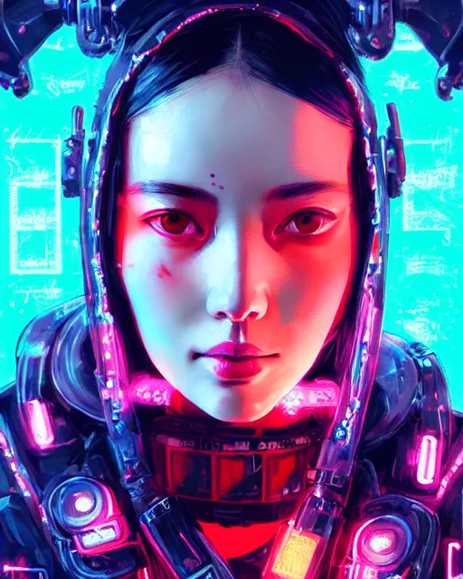 Image similar to detailed portrait Neon Operator Girl, cyberpunk futuristic neon, reflective puffy coat, decorated with traditional Japanese ornaments by Ismail inceoglu dragan bibin hans thoma greg rutkowski Alexandros Pyromallis Nekro Rene Maritte Illustrated, Perfect face, fine details, realistic shaded, fine-face, pretty face