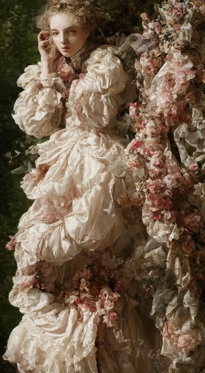 Image similar to fashion editorial by Jean-Honoré Fragonard. outdoor. highly detailed. 8k. depth of field. photography