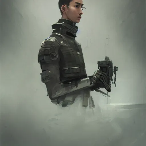 Image similar to Portrait of a man by Greg Rutkowski, he is about 20 years old, korean, short black hair, young, manly, attractive, tall and slim, smart looking, he is wearing futuristic military fatigues, highly detailed portrait, scifi, digital painting, artstation, concept art, smooth, sharp foccus ilustration, Artstation HQ