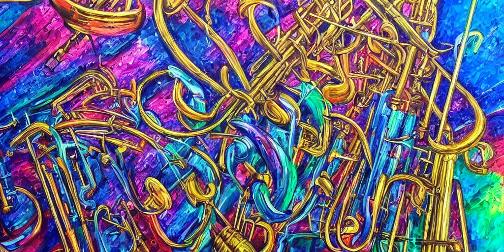 Prompt: an ultra detailed oil painting where the brass section of a symphony is interpreted by accompanying paint strokes, hyper - detailed, structured, grid, sheet music, pops of triadic colors
