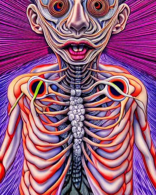 Image similar to human body breaking away, conjuring psychedelic illustration, part by shintaro kago, part by alex gray, ultra realistic, highly detailed, 8 k, trending on artstation, symmetry