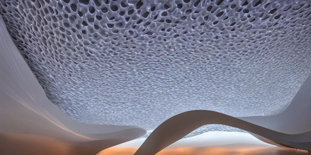 Image similar to extremely detailed awe ornate stunning beautiful futuristic smooth curvilinear elegant museum interior by zaha hadid, translucent gills, stunning volumetric light, stainless steel, concrete, translucent material, beautiful sunset, hyper real, 8k, colorful, 3D cinematic volumetric light, atmospheric light