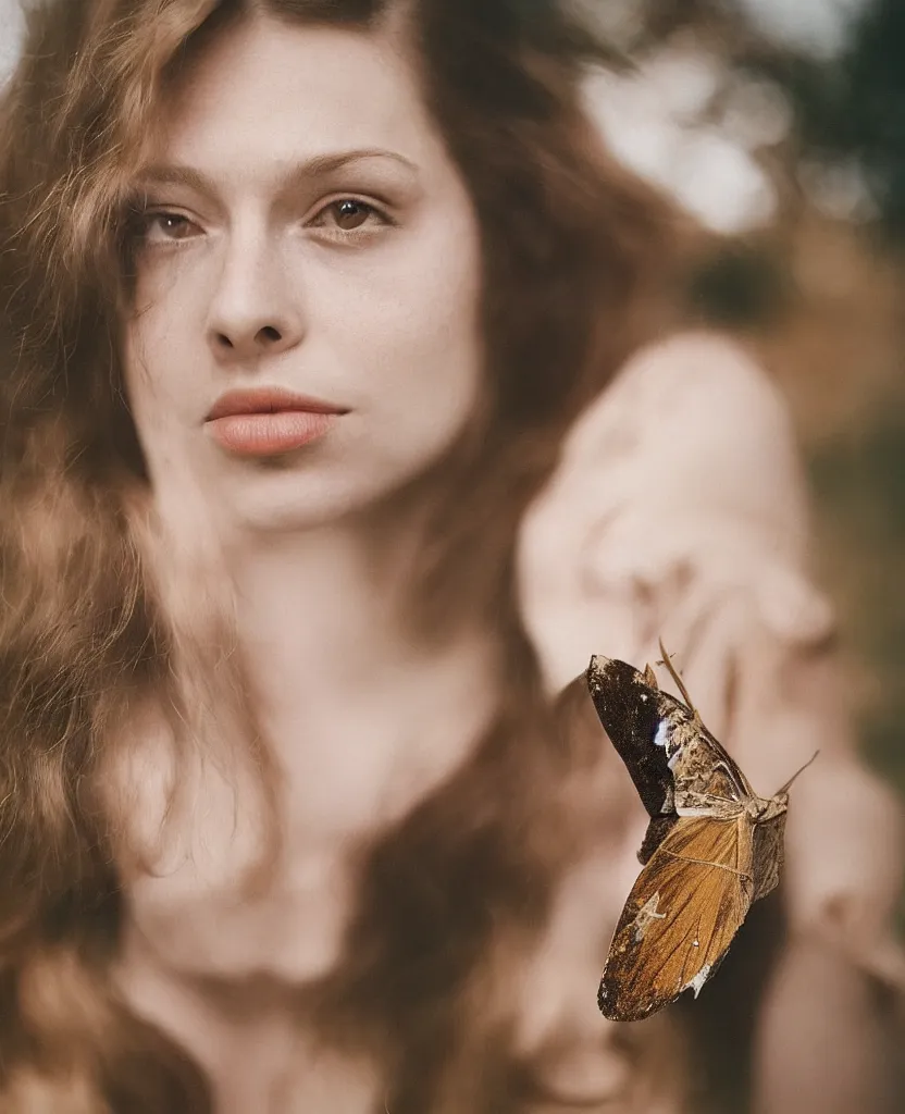 Prompt: a head and shoulders portrait of a beautiful woman with a large moth sitting on her face, by Nina Masic, by Flora Borsi, 50mm f/1.4, bokeh, kodak ektar