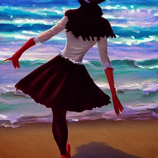 Image similar to dancing brunette milk maid woman wearing a pirate hat shore seascape in the style of Ilya Kuvshinov