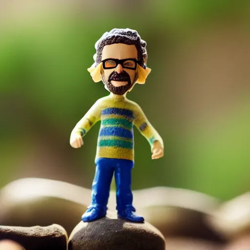 Image similar to close up shot of a bobble head terence mckenna, depth of field, fstop 1. 3