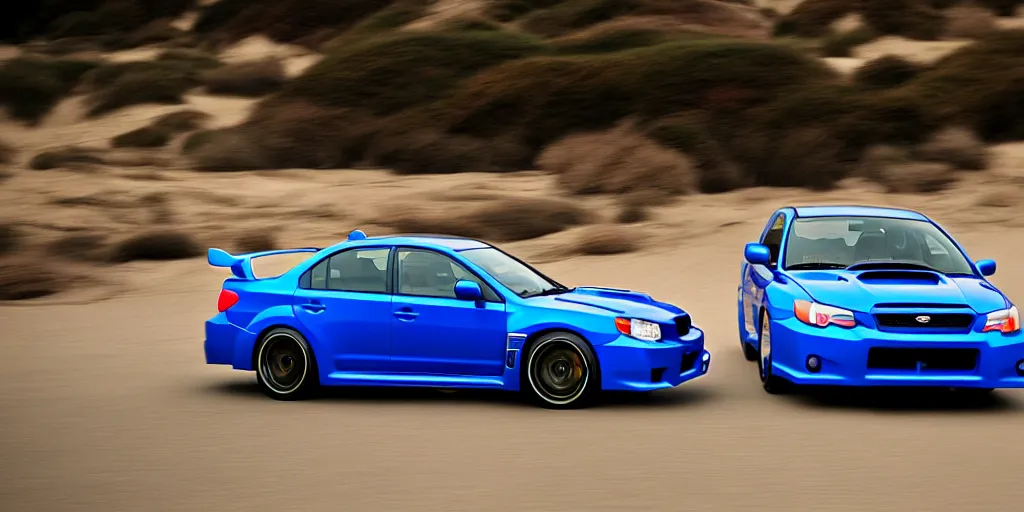 Image similar to photograph, 2007, 2007, 2007 Subaru WRX STi, cinematic, california coast, ocean view, 8k, depth of field, bokeh.