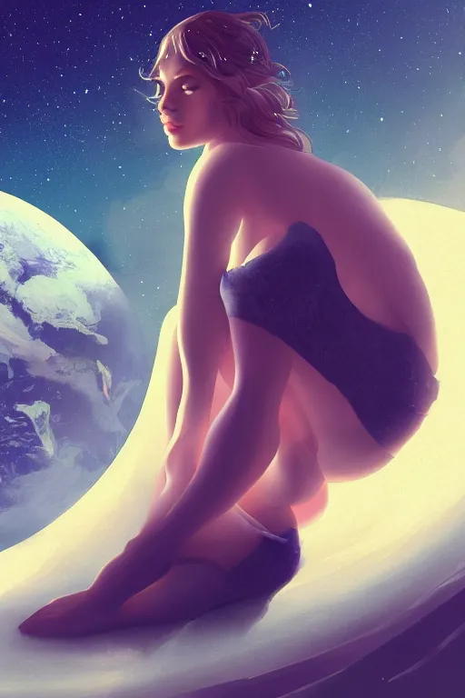 Image similar to Beautiful Woman sitting on the moon with a view of the earth in the background, digital painting, highly detailed, artstation, concept art, smooth, sharp focus, illustration.