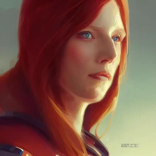 Image similar to Portrait of a woman by Greg Rutkowski, she is about 30 years old, redhead, long straight hair, beautiful oval face, wearing a futuristic spaceship captain uniform, strict but caring mom vibes, highly detailed portrait, digital painting, artstation, concept art, smooth, sharp foccus ilustration, Artstation HQ.