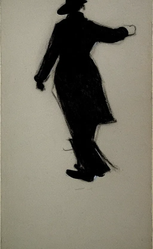 Image similar to black and white silhouette drawing of a person walking, white background by stanhope forbes