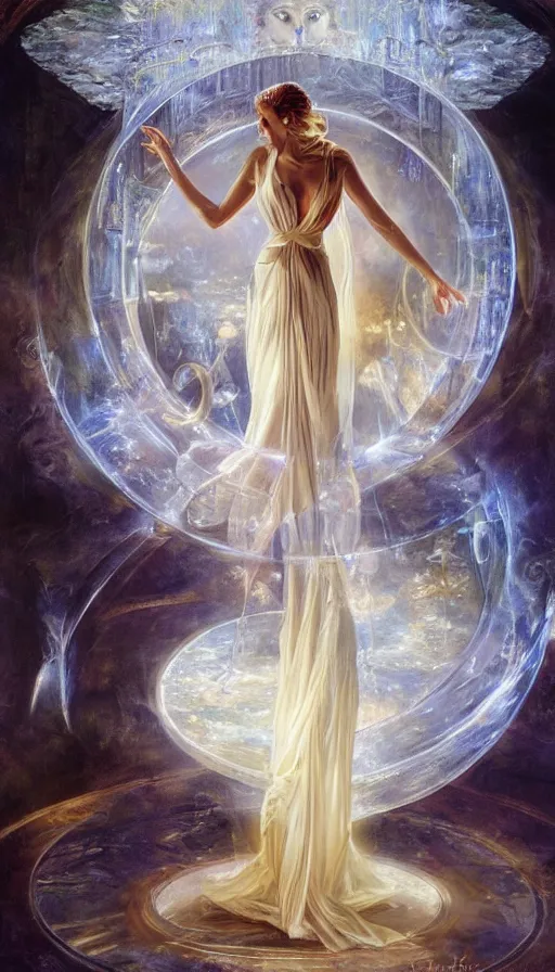 Prompt: goddess of illusion, beautiful, stunning, breathtaking, mirrors, glass, magic circle, magic doorway, fantasy, mist, bioluminescence, hyper - realistic, unreal engine, by rob hefferan