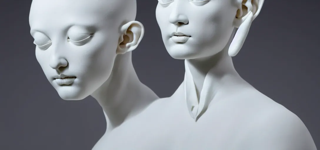 Image similar to symmetry!! full head, shoulders and bust, beautiful female porcelain sphinx body sculpture by daniel arsham and raoul marks, intricate, elegant, highly detailed, digital painting, artstation, concept art, smooth, sharp focus, all white features on a white background, delicate facial features, golden ratio composition,