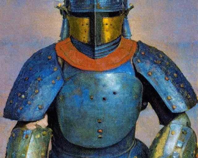 Image similar to knight in blue armour by n. c. wyeth, high detail,