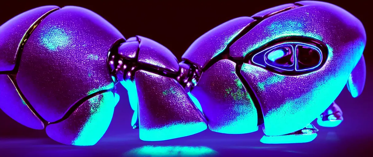 Prompt: high quality photo glowy iridescent cyborg scarab! jeweled very cute! highly detailed digital art david ligare peter zumthor cinematic purple neon lighting high quality low angle hd 8k sharp shallow depth of field