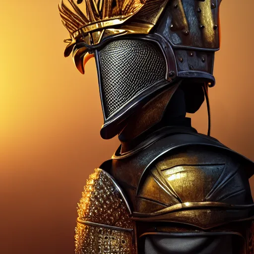 Image similar to a highly detailed knight in a golden helmet and a golden crown with a diamond in the center, glowing purple eyes, golden armor, leather clothes under the armor, leather gloves, holds a black sword, artstation, DeviantArt, professional, octane render, sunset lighting