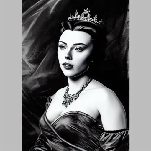 Image similar to frank frazetta portrait of scarlett johansson as queen victoria, full body, 8 k, realistic, photo real, smooth, sharp, intricate detail, hyper detail, dramatic lighting, dramatic shading