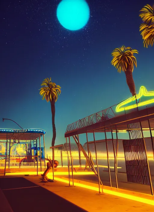 Prompt: night time neon, Art Deco, in SANTORINI island, palm trees, crystal clear neon water, starry night, Trending artstation, octane render, cgsociety, surrealist, cinematic, shadow of the tomb rider