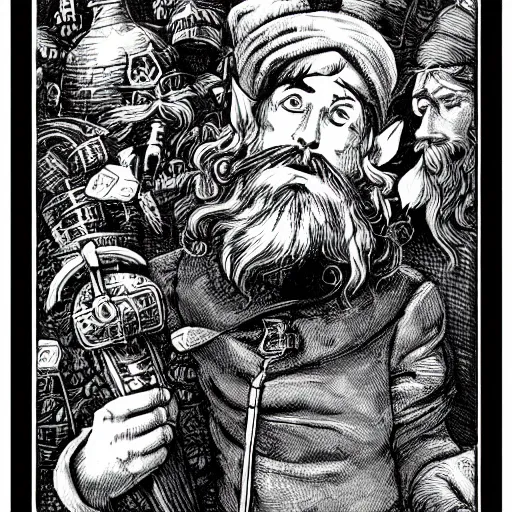 Image similar to elf with beard, holding a bomb, dnd, high detail, fantasy, in the style of vintage antique illustration and line drawing or engraving - c 9. 0