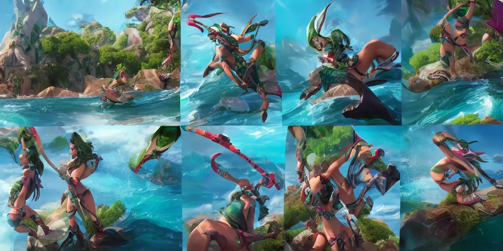Image similar to beautiful character sheet of pool party Akali (wild rift), views from multiple angles. 3d render, octane render, realistic, highly detailed, 4k, trending on artstation, pixar, cgsociety, unreal engine 5, redshift render, trending on artstation, blender, behance, cg