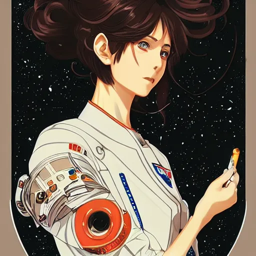 Image similar to anime manga portrait young woman astronaut , intricate, elegant, highly detailed, digital art, ffffound, art by JC Leyendecker and sachin teng