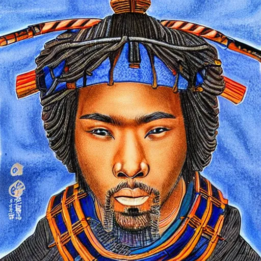 Prompt: oscar ukonu, beautiful samurai made with blue african ball point pen