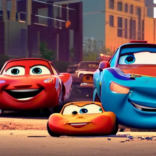 Image similar to a still from a gritty remake of cars, where lightning mcqueen gets into a greusome car accident with tow mater. rendered in 4 k with presto animation software.