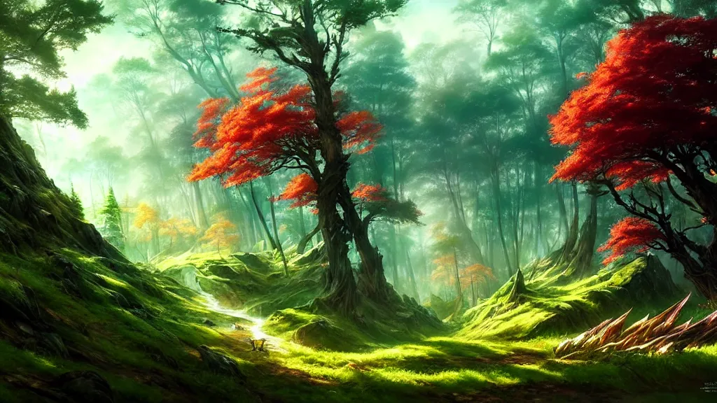 Image similar to forest clearing landscape, bright colors, fantasy, elegant, highly detailed, digital painting, artstation, concept art, smooth, sharp focus, illustration, wide angle, artbook, wallpaper, splash art, promo art, soul calibur, league of legends, art by artgerm and greg rutkowski and bo chen and jin xiaodi