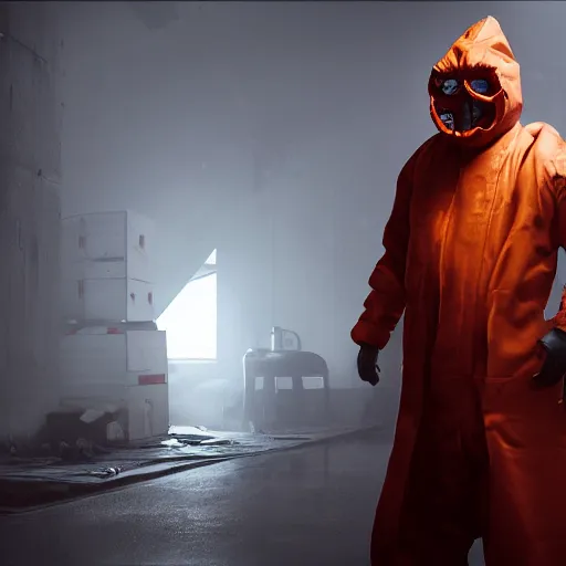 Image similar to hooden villain wearing a red oni mask, orange hazmat suit, dark background, unreal engine 5, ultra realistic, detailed, fog, volumetric lighting, by greg rutkowski,