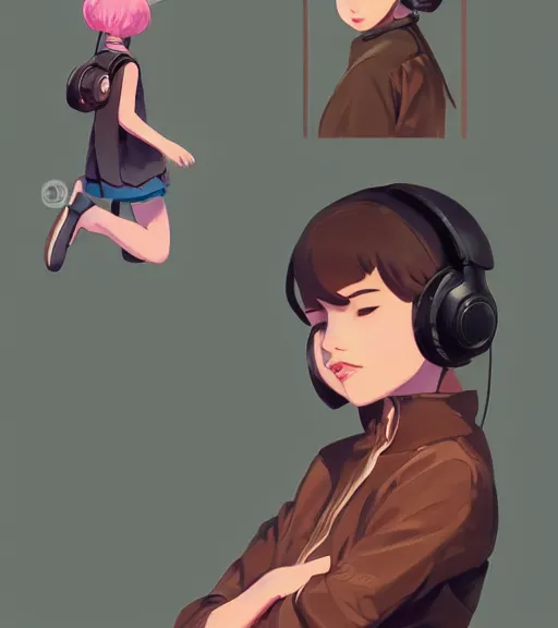 Image similar to beautiful little girl character inspired by 9 0's fashion and by madeline from celeste, art by rossdraws, wlop, ilya kuvshinov, artgem lau, sakimichan and makoto shinkai, concept art, headphones, anatomically correct, extremely coherent, realistic, smooth hd